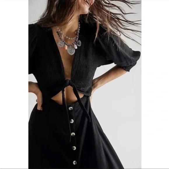 Free People String of Hearts Front Tie Button Down Maxi Dress | Black | … - Picture 2 of 11
